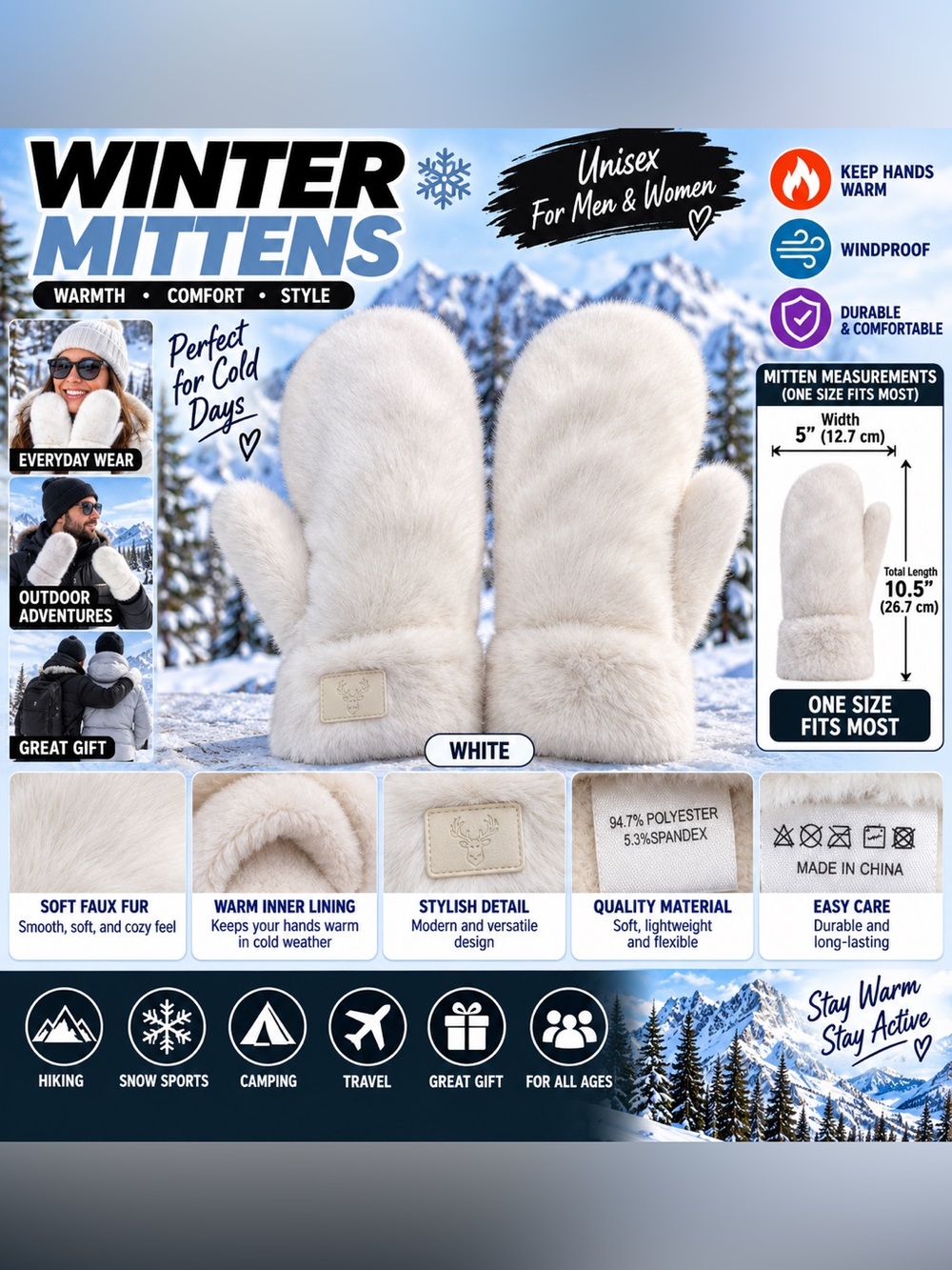 White Faux Fur Winter Mittens — Cozy Unisex Gloves